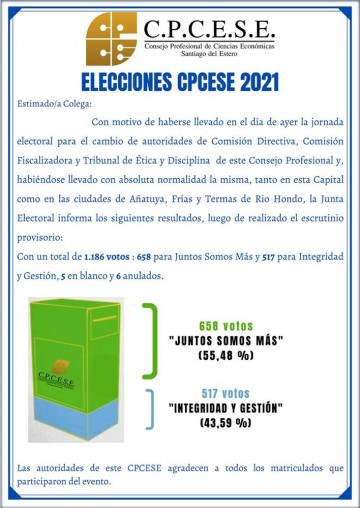 Elecciones CPCESE 2021: Escrutinio Provisorio